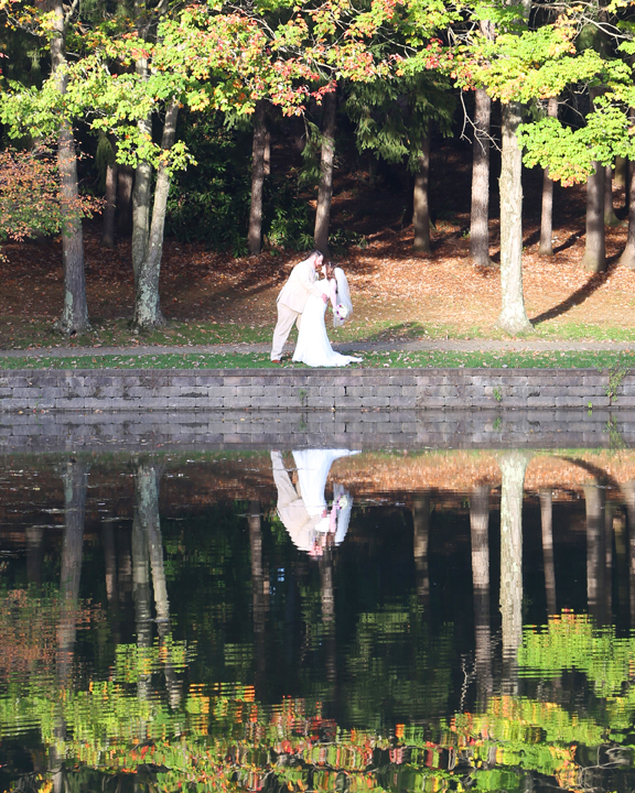 Bridal Couple Reflection Photo at Twin Lakes Park